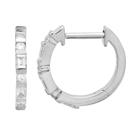 14k White Gold Alternating Baguette & Round Diamond Huggie Earrings