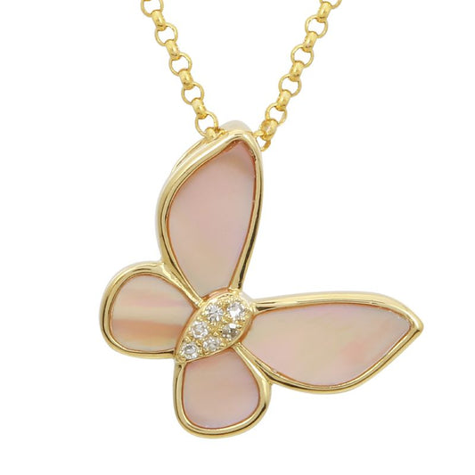 14k Yellow Gold Pink Mother of Pearl Butterfly Diamond Necklace