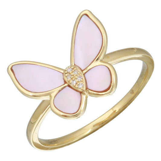 14k Yellow Gold Pink Mother of Pearl Butterfly Ring