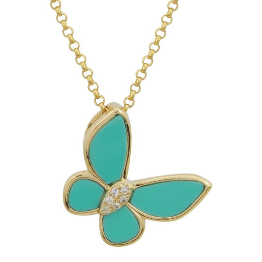 14k Yellow Gold Turquoise Butterfly Diamond Necklace