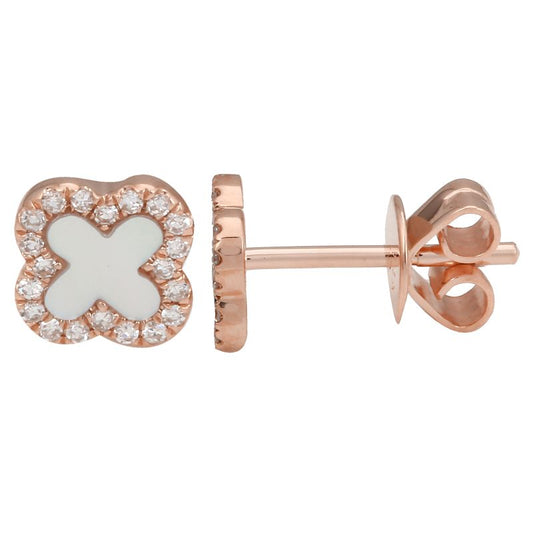 14k Rose Gold Mother of Pearl Clover Diamond Stud Earrings