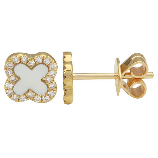 14k Yellow Gold Mother of Pearl Clover Diamond Stud Earrings