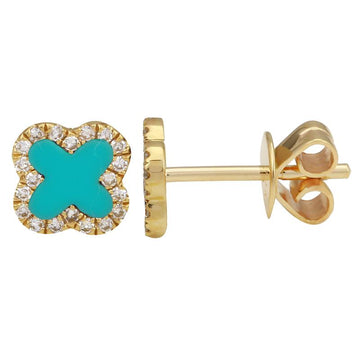 14k Yellow Gold Turquoise Clover Diamond Stud Earrings
