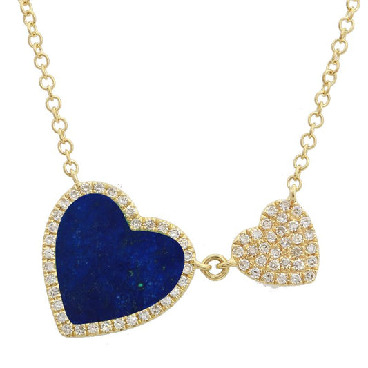 14k Yellow Gold Big & Little Lapis Heart Diamond Necklace