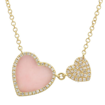 14k Yellow Gold Big & Little Pink Opal Heart Diamond Necklace