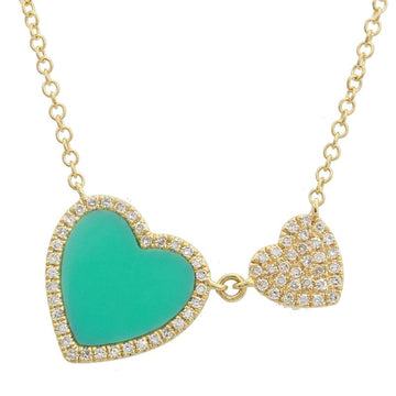 14k Yellow Gold Big & Little Turquoise Heart Diamond Necklace