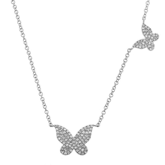 14k White Gold Big & Little Diamond Butterfly Necklace