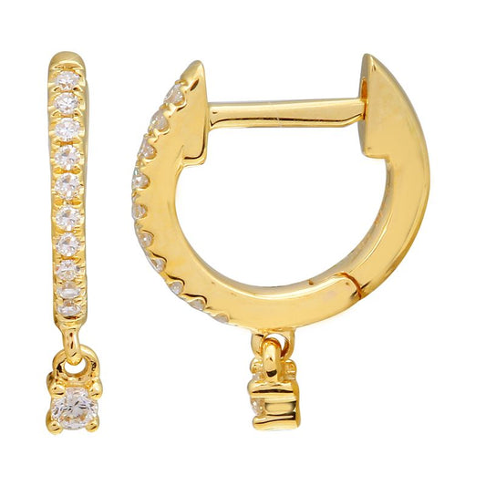 14k Yellow Gold Prong Set Drop Diamond Huggie Earrings