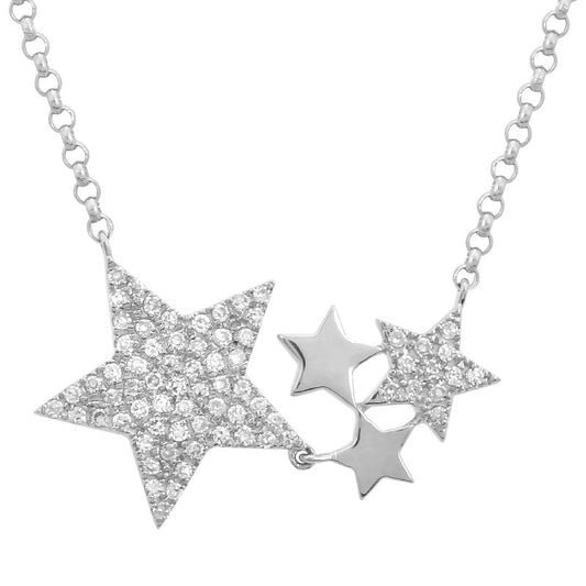 14k White Gold Diamond Stars Necklace