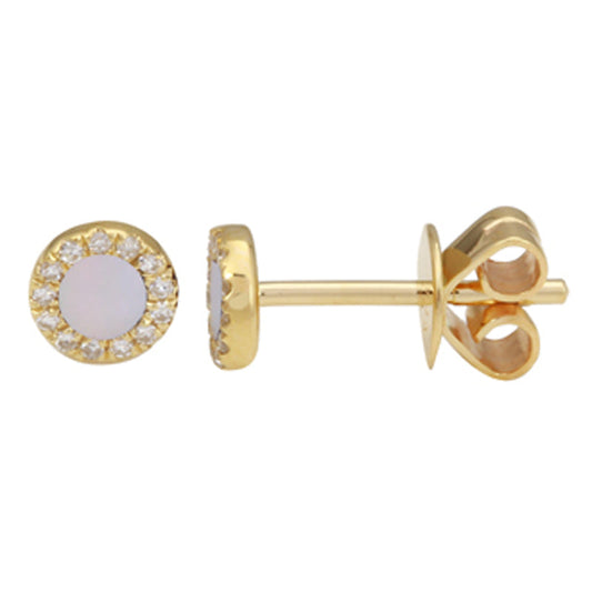 14k Yellow Gold Circle Mother of Pearl Halo Diamond Stud Earrings