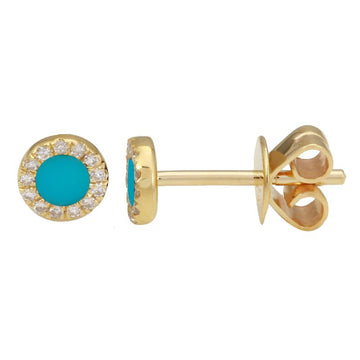 14k Yellow Gold Circle Turquoise Halo Diamond Stud Earrings