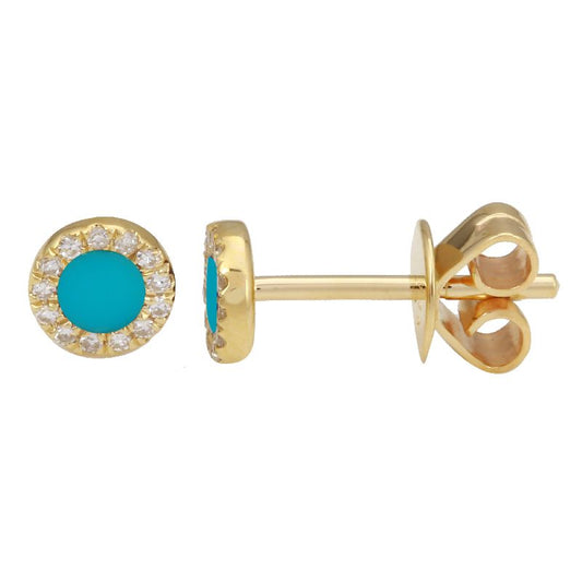 14k Yellow Gold Circle Turquoise Halo Diamond Stud Earrings