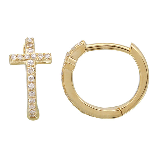 14k Yellow Gold Cross Diamond Huggie Earrings