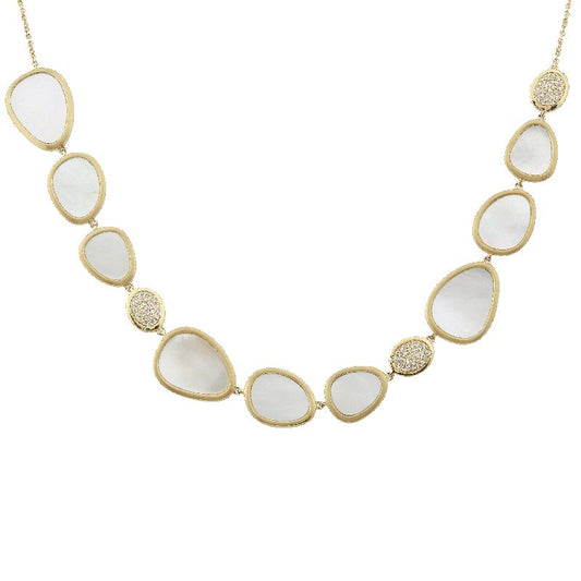 14k Yellow Gold Mother of Pearl Bezel Diamond Necklace