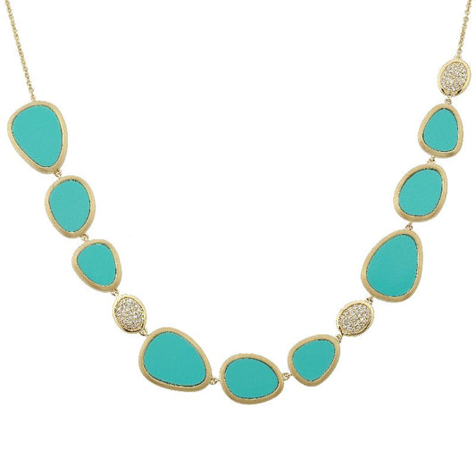 14k Yellow Gold Turquoise Bezel Diamond Necklace