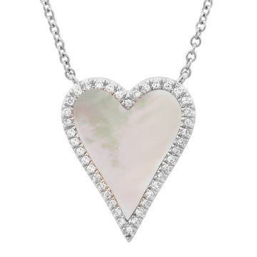 14k White Gold Elongated Heart Mother of Pearl Diamond Necklace