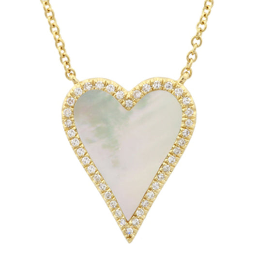 14k Yellow Gold Elongated Heart Mother of Pearl Diamond Necklace