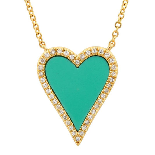 14k Yellow Gold Elongated Turquoise Heart Diamond Necklace