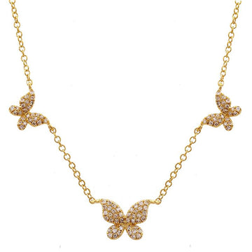 14k Yellow Gold Three Diamond Butterfly Necklace