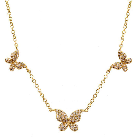 14k Yellow Gold Three Diamond Butterfly Necklace