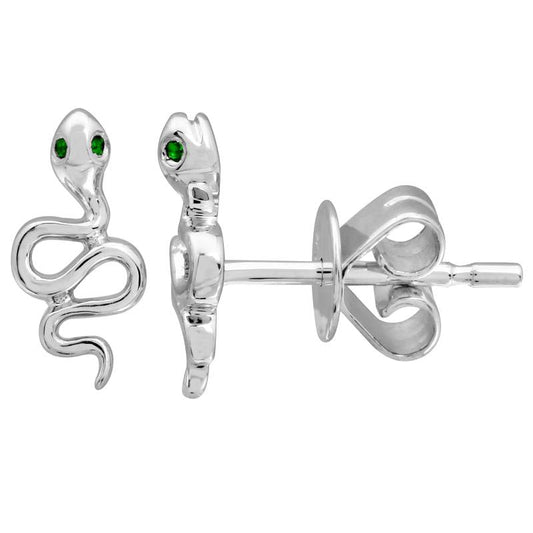 14k White Gold Green Eye Snake Stud Earrings