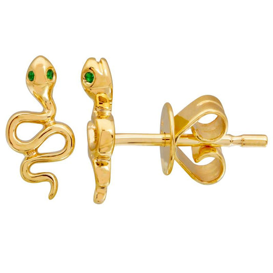 14k Yellow Gold Green Eye Snake Stud Earrings