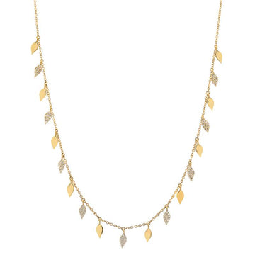 14k Yellow Gold Alternating Diamond Dangling Leafs Necklace