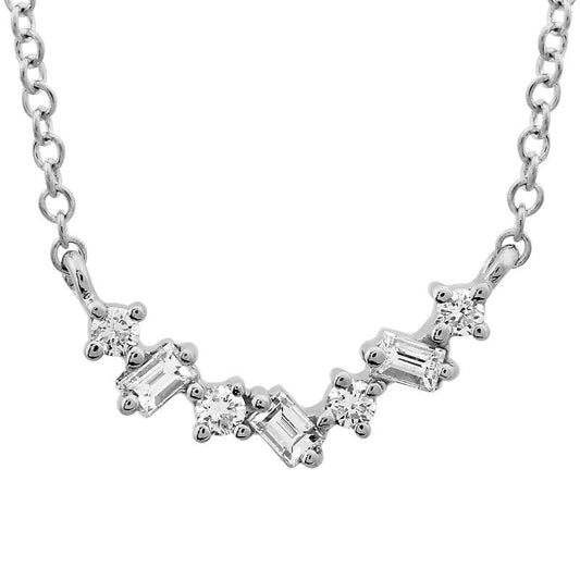 14k White Gold Alternating Baguette & Round Diamond Necklace