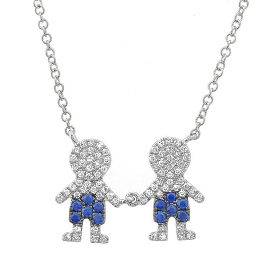 14k White Gold Boy & Boy Sapphire Diamond Necklace