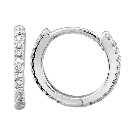 14k White Gold Diamond Eternity Mini Round Huggie Earrings 10mm