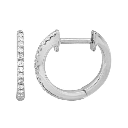 14k White Gold Dainty Diamond Huggie Earrings 12mm