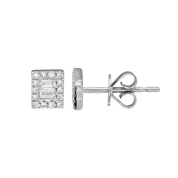 14k White Gold Baguette Halo Diamond Stud Earrings