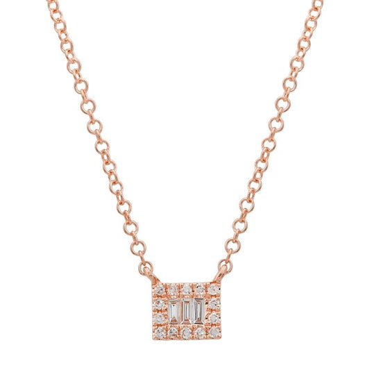 14k Rose Gold Mini Baguette Square Halo Diamond Necklace