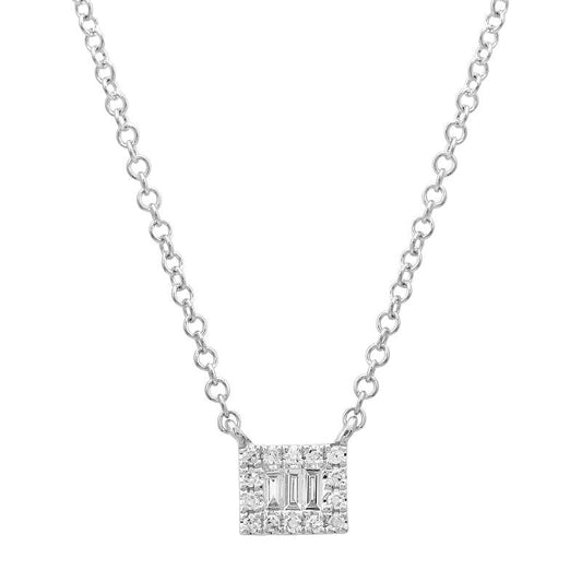 14k White Gold Mini Baguette Square Halo Diamond Necklace