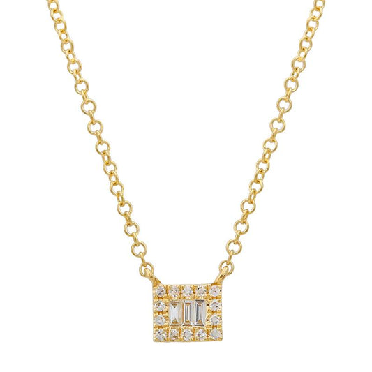 14k Yellow Gold Mini Baguette Square Halo Diamond Necklace