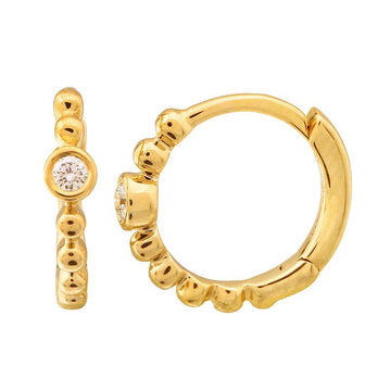14k Yellow Gold Beaded Diamond Huggie Earrings 10mm