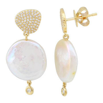 14k Yellow Gold Coin Pearl Pave Diamond Stud Earring