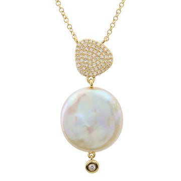 14k Yellow Gold Pave Diamond Coin Pearl Necklace