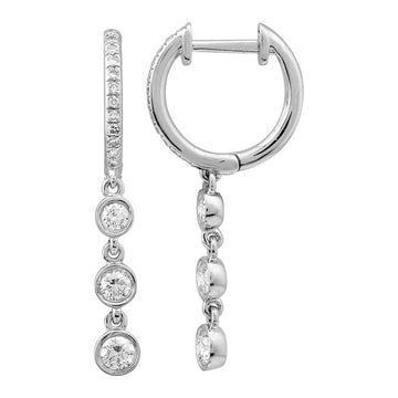 14k White Gold Diamond Bezel Dangling Huggie Earrings