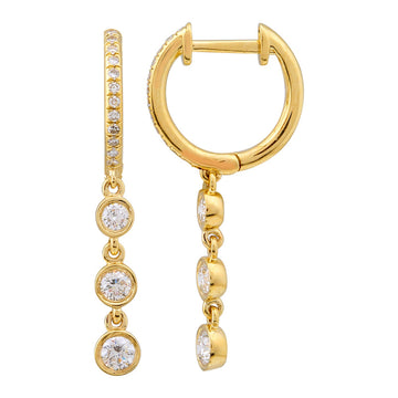 14k Yellow Gold Diamond Bezel Dangling Huggie Earrings