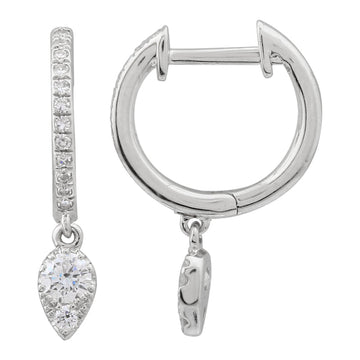 14k White Gold Dangling Pear Shape Drop Diamond Huggie Earring