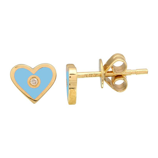 14k Yellow Gold Turqoise Enamel Heart Stud Earrings