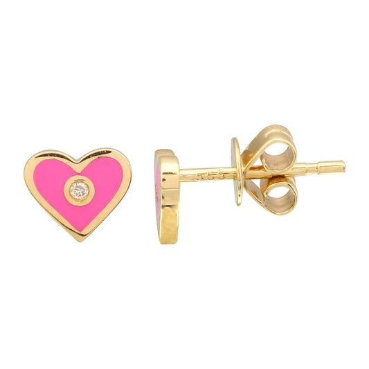 14k Yellow Gold Fuchsia Enamel Heart Stud Earrings