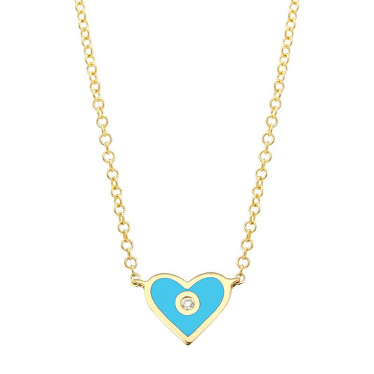 14k Yellow Gold Turquoise Enamel Heart Necklace