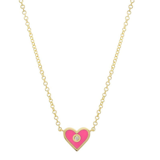 14k Yellow Gold Fuchsia Enamel Heart Necklace