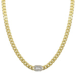 14k Yellow Gold Illusion Emerald Diamond Cuban Link Choker Necklace