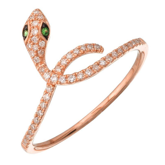 14k Rose Gold Green Eye Diamond Snake Ring