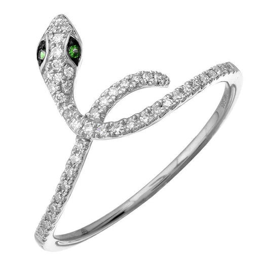 14k White Gold Green Eye Diamond Snake Ring