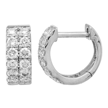 14k White Gold Double Row Diamond Huggie Earrings 10mm