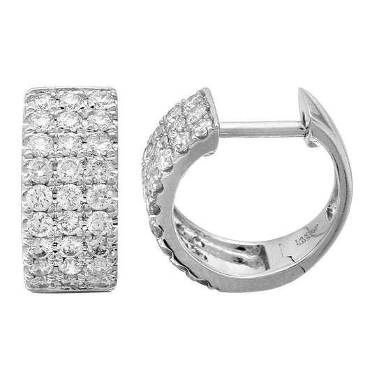 14k White Gold Triple Row Diamond Huggie Earrings 11.5mm